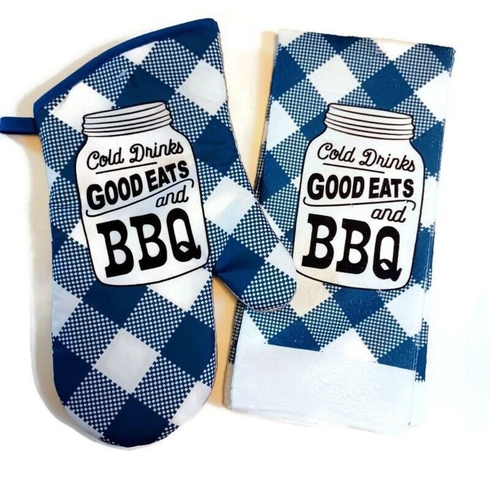Farmhouse NEW Grill Kitchen Set Blue Checker (1) Dish Towel (1 Oven Mitt